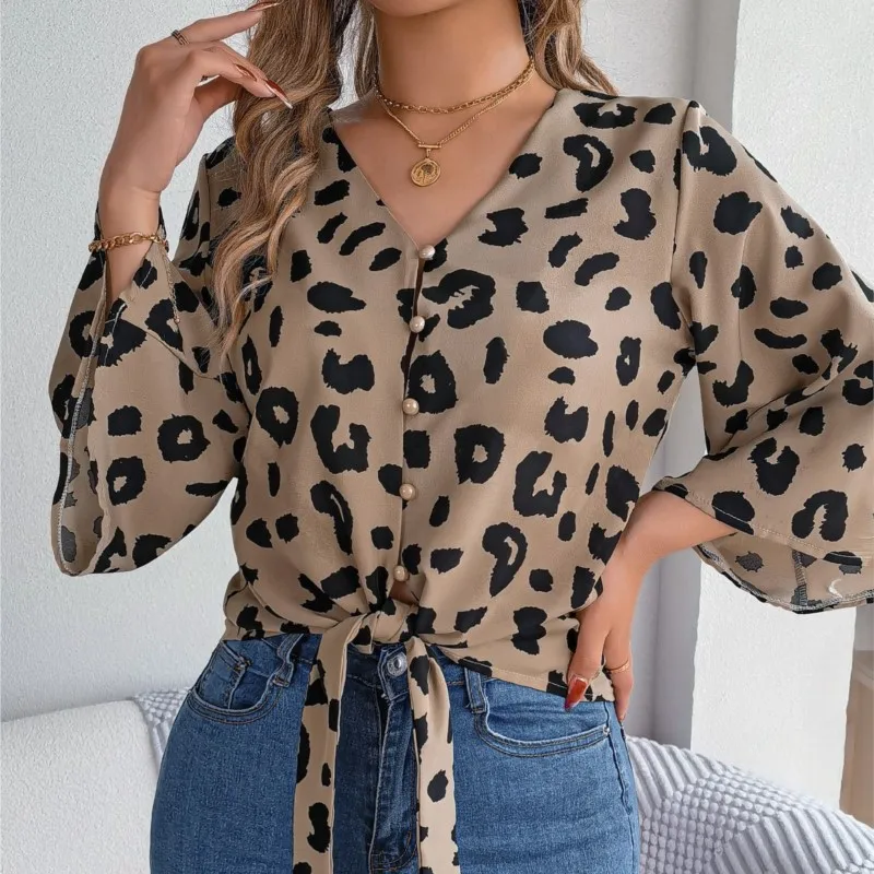 Elegant Flared Sleeve Cardigan Shirt For Women 2024 Autumn Casual Leopard Print Lace Up Chiffon Shirt Top Femme Blusa Chemisier