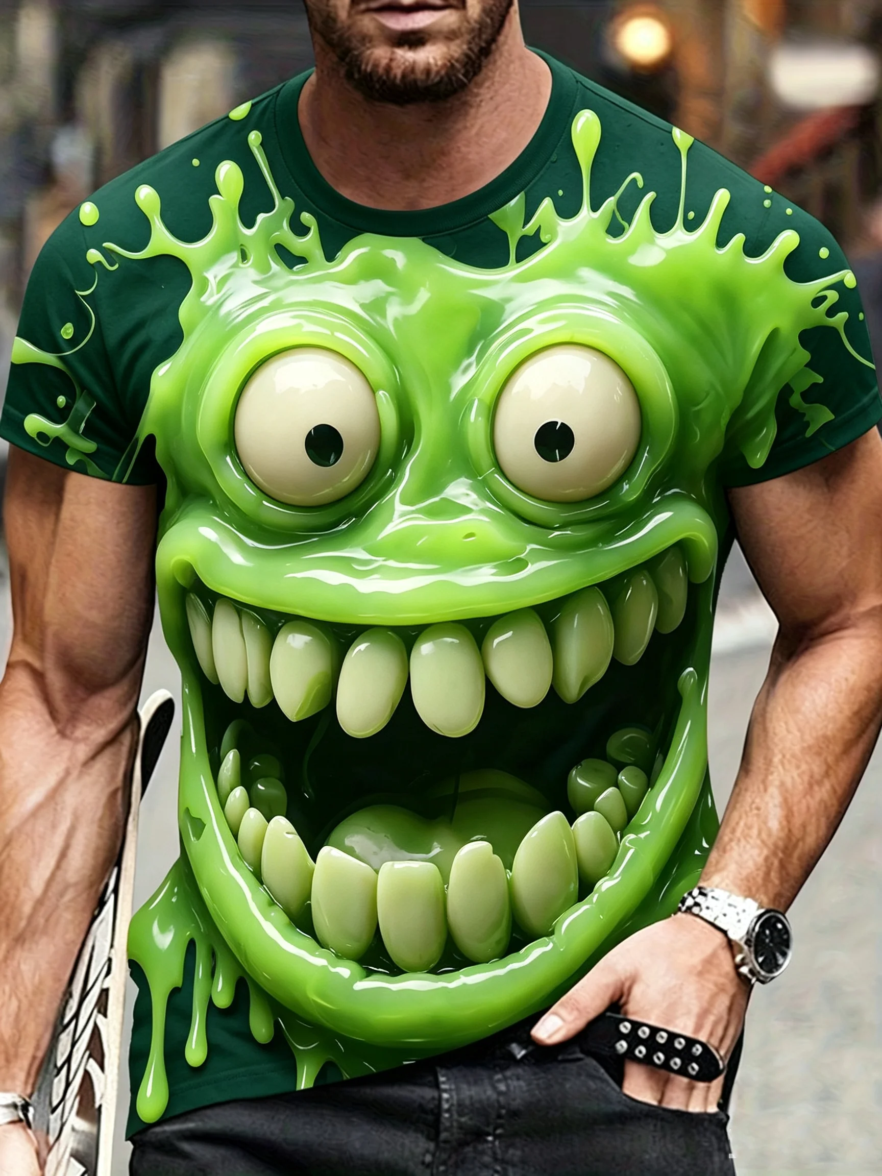 Horror 3D Cat Face Open Mouth Print Men's T-shirt Casual Cool Party Daily T shirts Fashion Short Sleeve Y2k Tops Summer Clothing