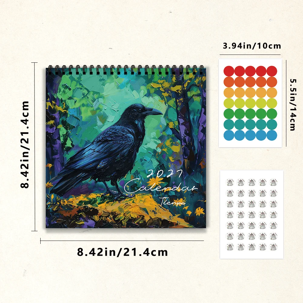 1pc 2027 Oil Painting Raven Wall Calendar,12‑Month Planner,Gift For Back‑to‑School,Christmas,New Year,Free Stickers Included