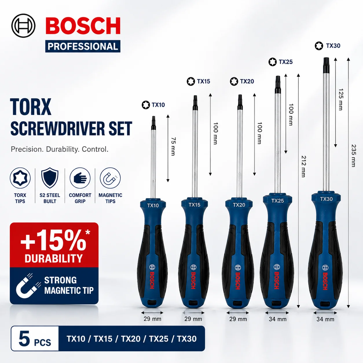 BOSCH 5Pcs Torx Screwdriver Set TX10 TX15 TX20 TX25 TX30 CrV Steel Star Screwdrivers Hand Tool for Repair Maintenance DIY