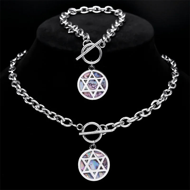 Megan David Star Israel Necklace Bracelet for Women Stainless Steel Gold Color Jewish OT Buckle Clavicle Chain Jewelry Set N8220