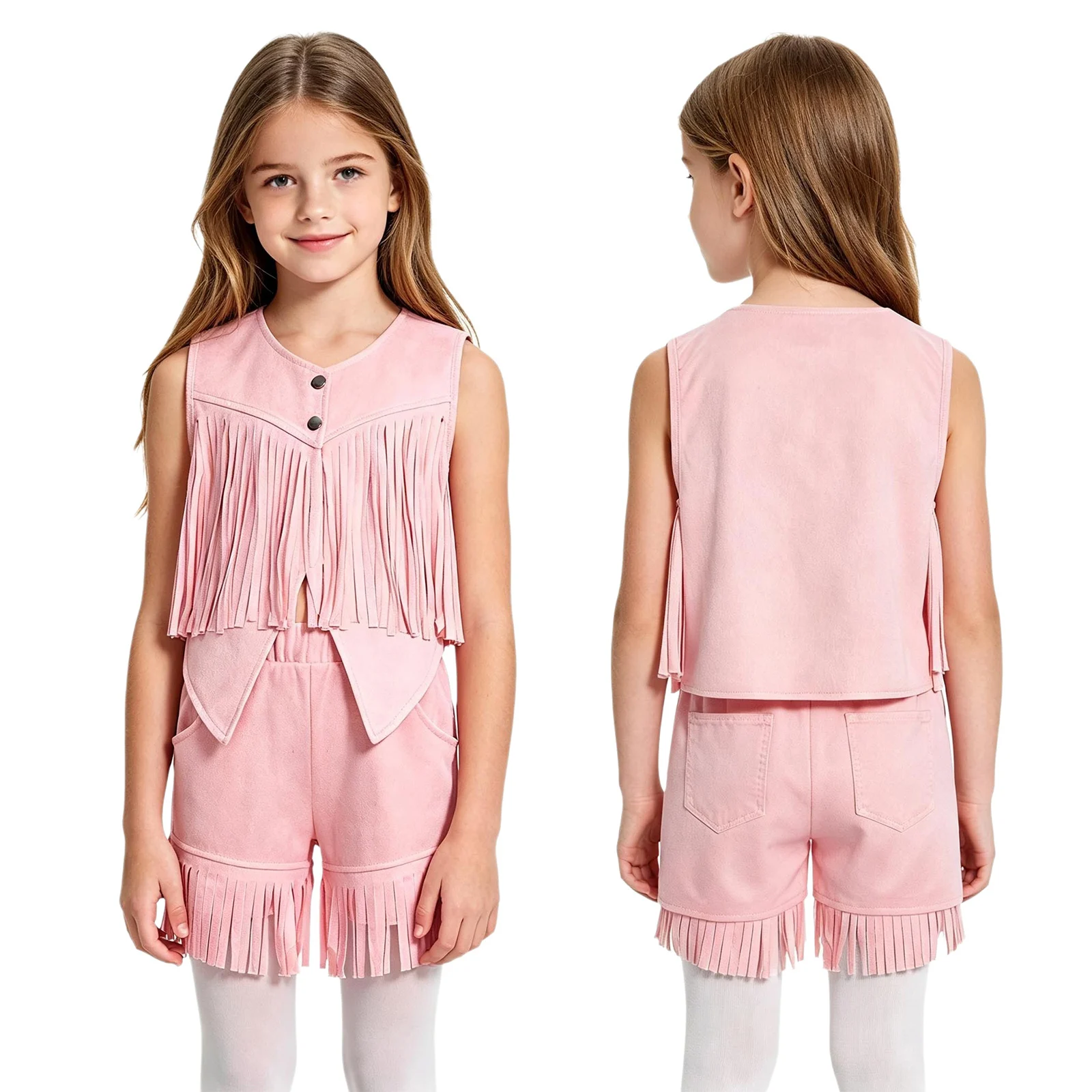 Children's Western Cowgirl Cowboy Halloween Costume Girls Boys Irregular Faux Suede Fringe Vest Waistcoats with Shorts Pockets
