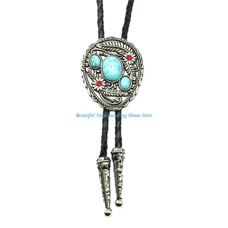 E56A Engraving Flower Turquoise Bolo Tie Carved Necktie for Shirt Jeans Western Necklace Braided Shoestring Necktie Bolo Tie