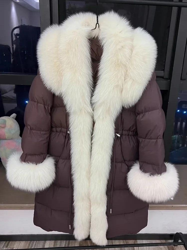 2024ฤดูหนาวใหม่แฟชั่นธรรมชาติBig Fox Fur Coat Goose Down Jacket Parkasยาวหรูหราปักเป้าแจ็คเก็ตเสื้อผ้าผู้หญิงขายร้อน