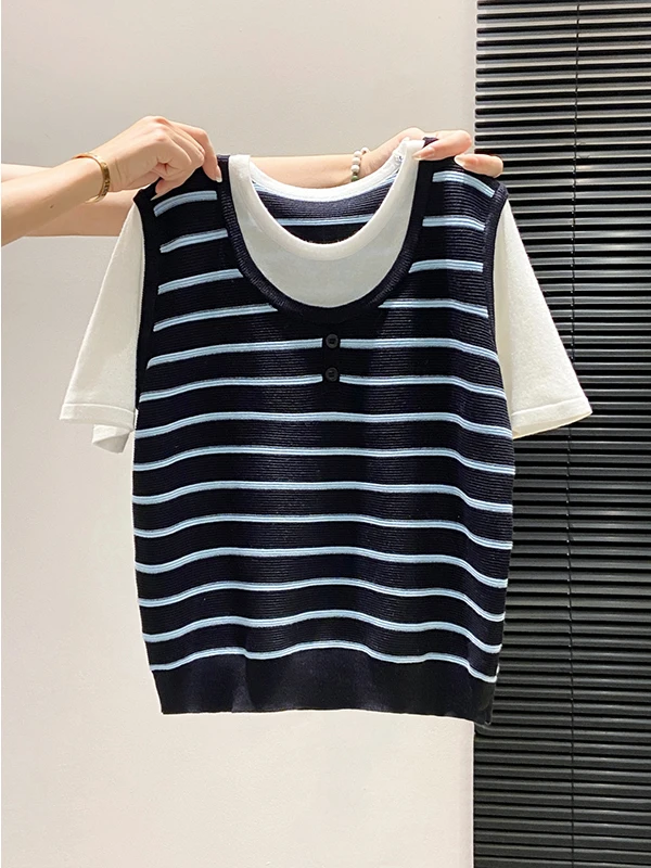 

Korean Style Striped Knitwear Short Sleeve round Neck Color Block Summer New Arrival Women's Fashionable Versatile Commute Top