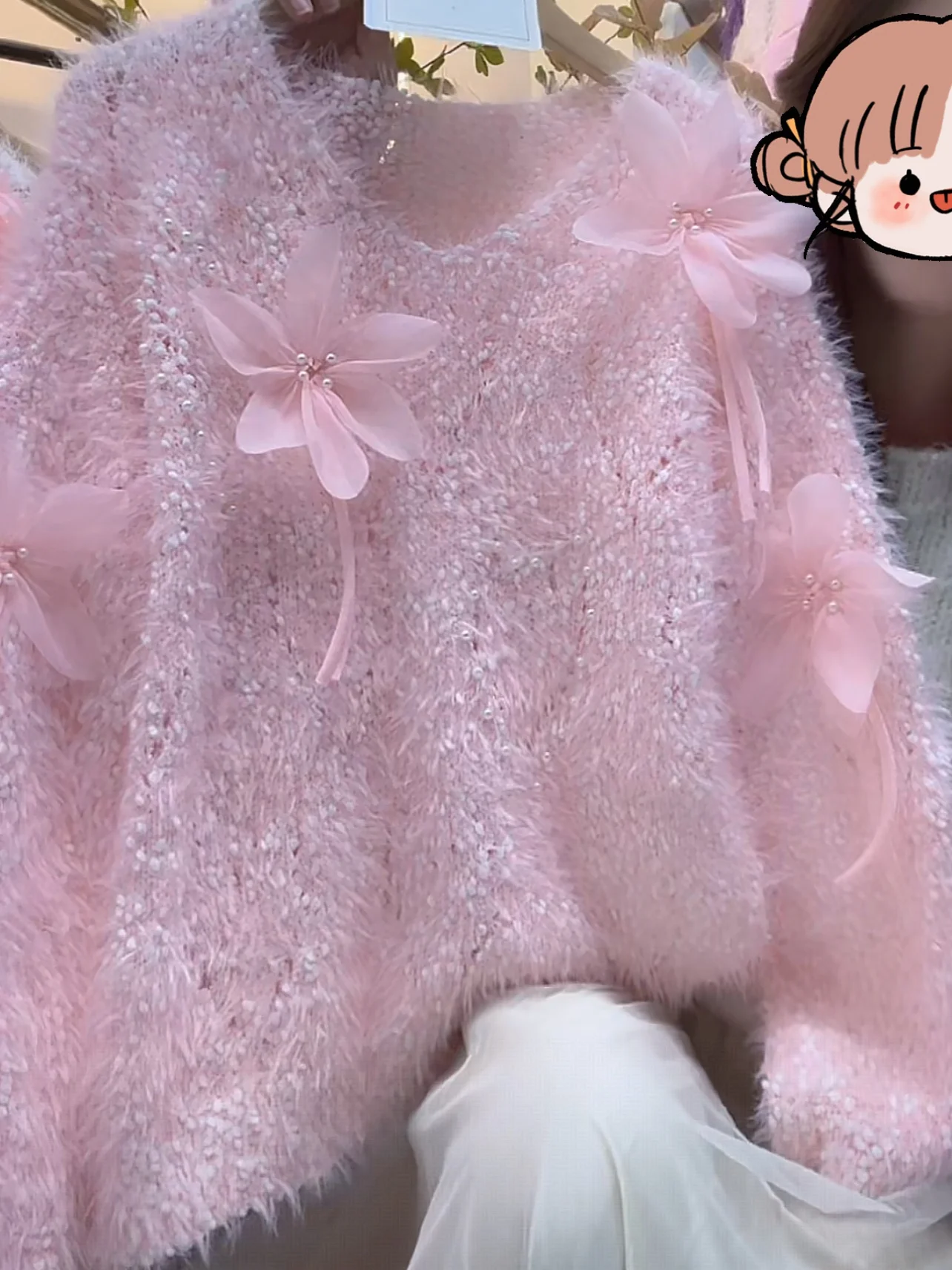 

Розовый свитер из искусственного меха с бусинами, женский свободный крой, теплый вязаный топ на осень-зиму, милый молодежный мягкий уютный трикотаж