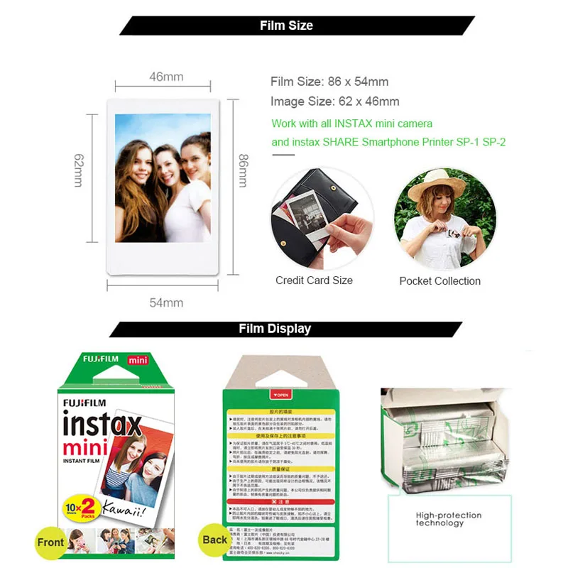 Fujifilm-Molduras para Instax Mini, Filme branco com 5 ímãs, 10 folhas, 20 folhas, 100 folhas, 12, 11, 8, 9, 7s, 70, 90, 25, liplay SP-1