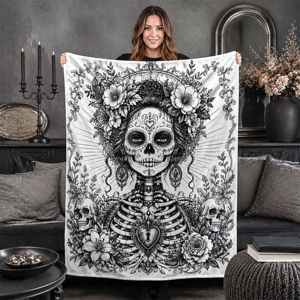 1pc Black‑White Gothic Floral Skull Line Art Printed Throw Blanket, 2D Flat HD Print, Soft Warm Blanket for Sofa, Living Room