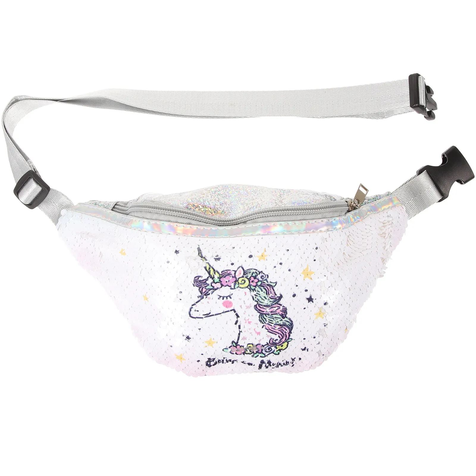 

Unicorn Sequin White Waist Bag Bright Sports Pack Adjustable Strap Chest Phone Pouch Female Belt Bag for Festival Party Travel