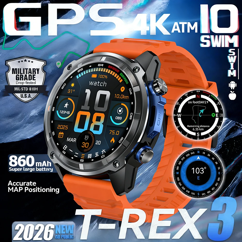 

2026 Новые тактические умные часы T-Rex, GPS, оффлайн-карта, 4 ГБ памяти, умные часы для плавания, мужские водонепроницаемые военные спортивные умные часы