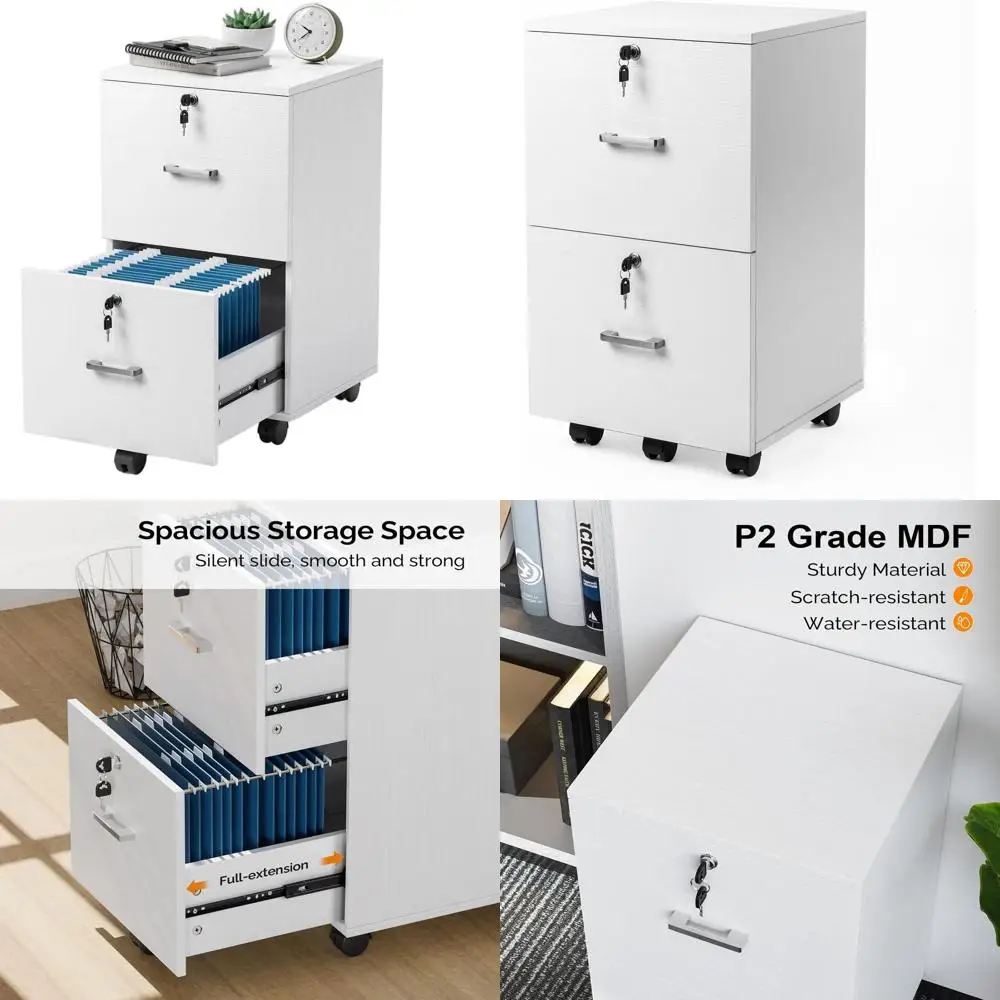 

White Wood-Grain Mobile File Cabinet with Lock for Letter-Size Folders, Under Desk Storage with Rolling Printer Stand