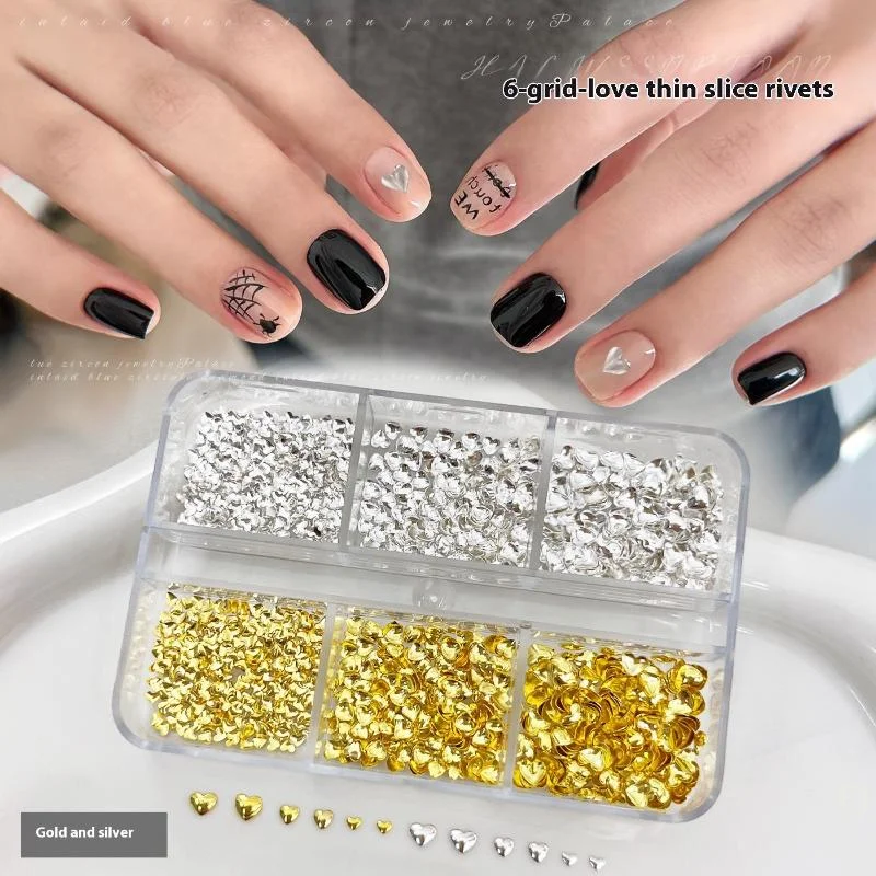 

[YU]6Grids Mixed Love Rivet Gold And Silver Nail Charms Metal Nail Decor Nail Salon Manicure Accessories