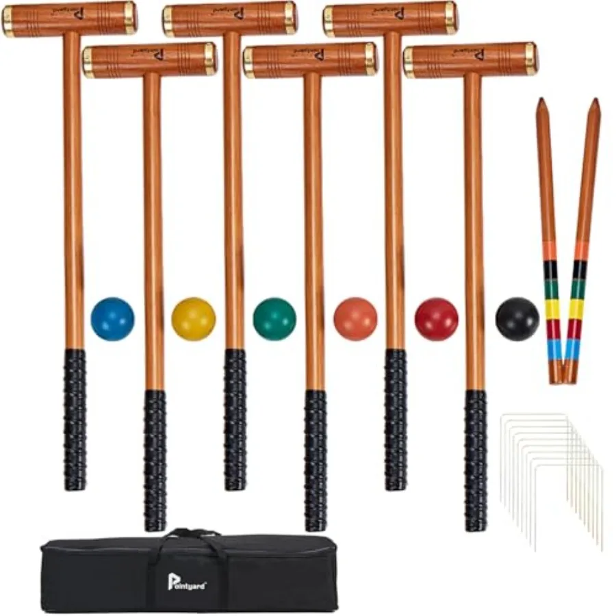 

35 Six Player Croquet Set Deluxe [Annatto Retro Style] Croquet Set with Wooden Mallets/Colored Ball/Wickets/Stakes for Adults/T