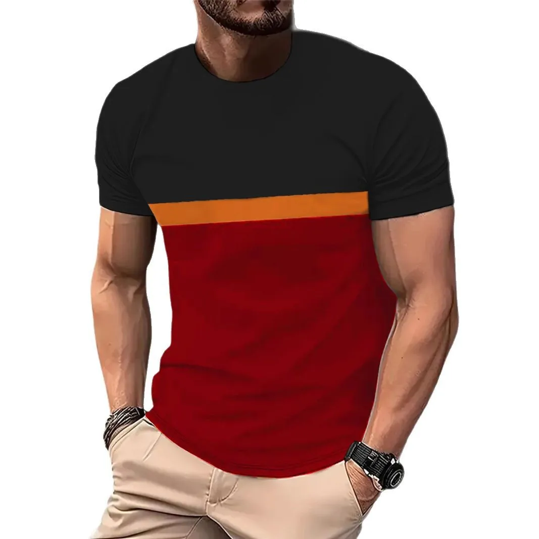 2025 Men's fashion splicing Stripesd T-Shirt Men's Comfortable Short-Sleeved Round Neck T-Shirt  Summer Outdoor Fitness T-shirt