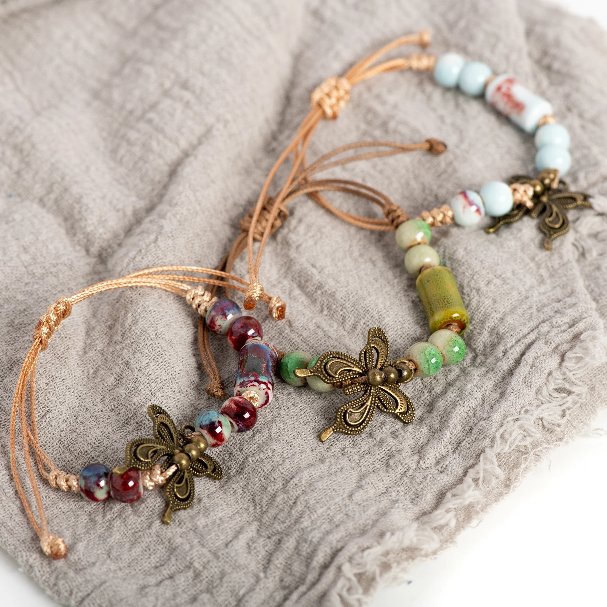 Handmade Multicolor Ceramic Bead Bracelet with Butterfly Charm Adjustable 15-25cm