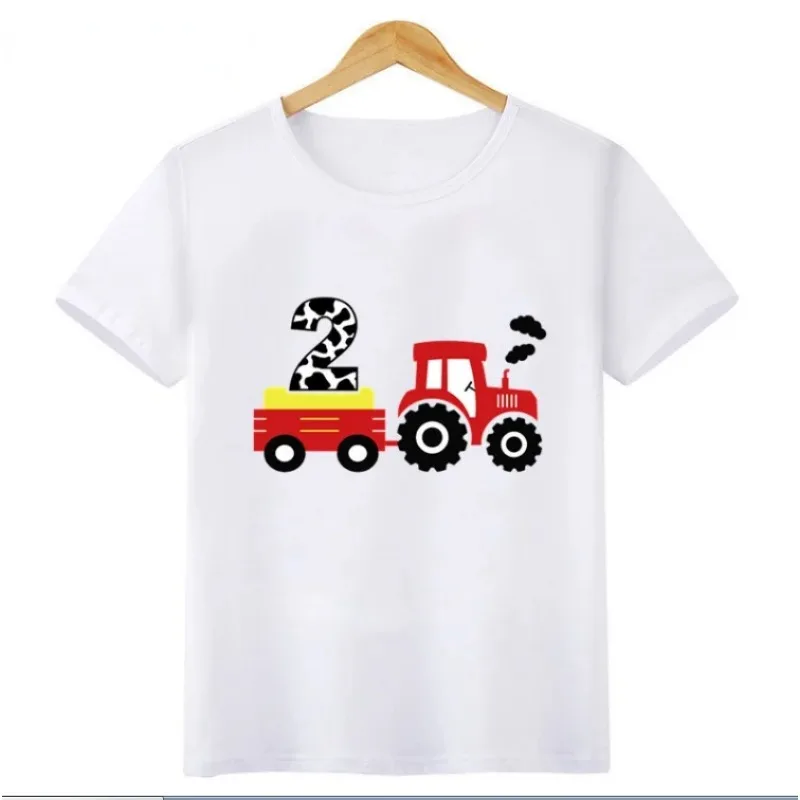 Camiseta infantil puxando desenhos animados, trator, carro, menino, aniversário, crianças, bebê, roupas de menina, moda, 1-8 anos, verão