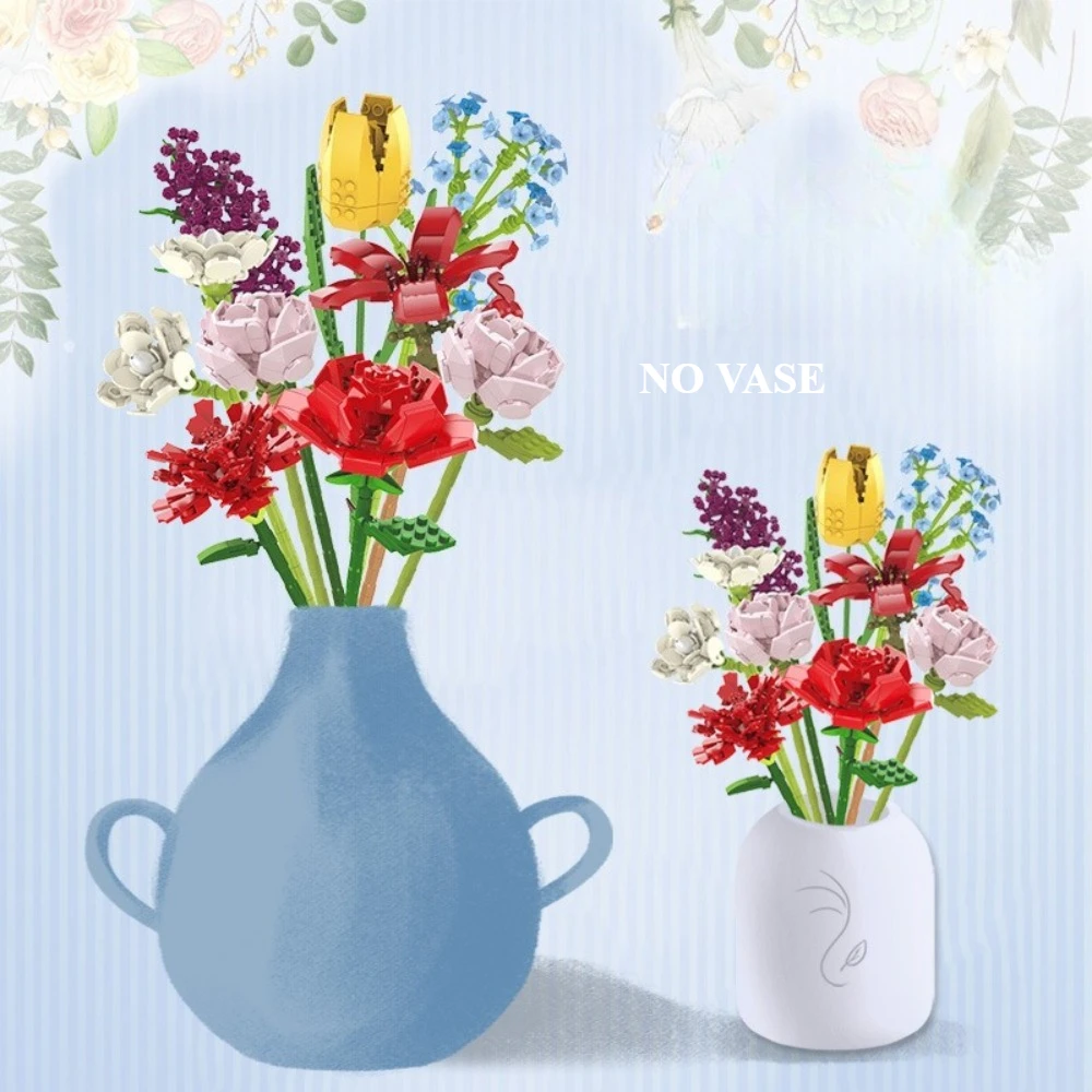 

MOC Realistic High Stem Artificial Flower Bouquet Building Blocks Set Rose Living Room Decorations Toys Children Birthday Gifts