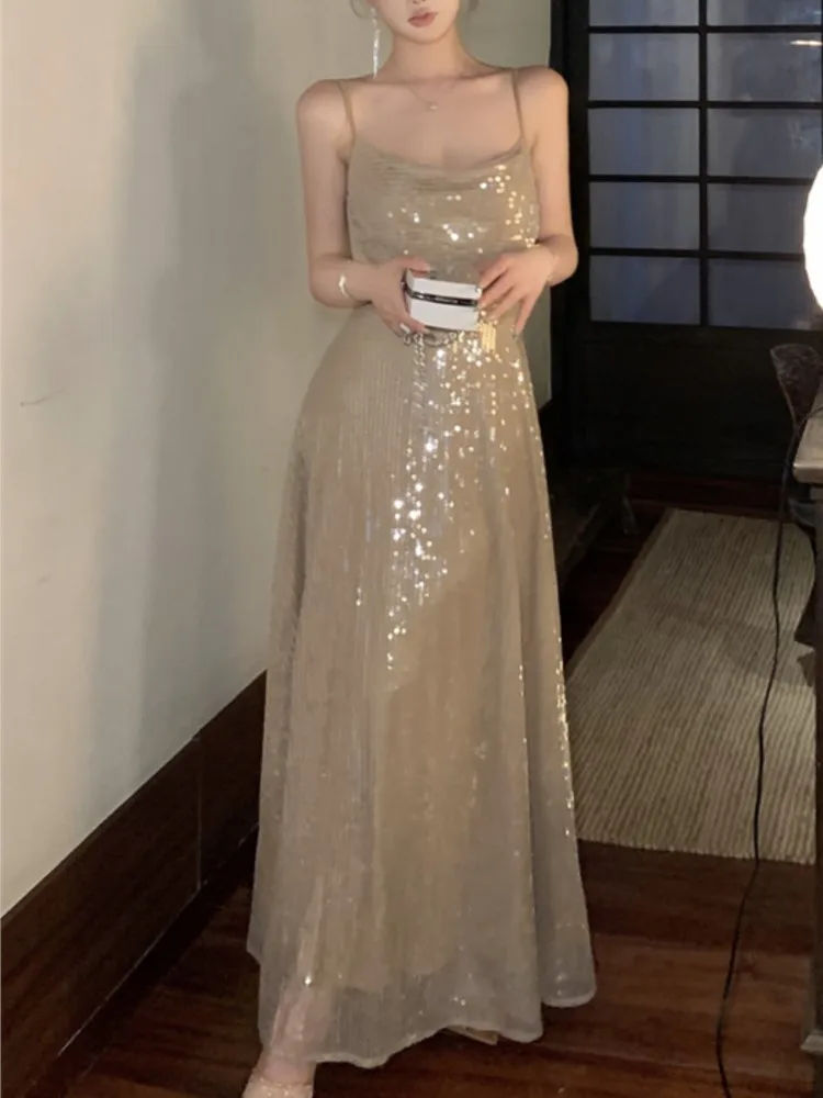 

Women Elegant Sequins Champagne Evening Dress Sexy Sling Off-Shoulder A-Line Maxi Party Dresses Female Chic Slim Vestidos Mujer