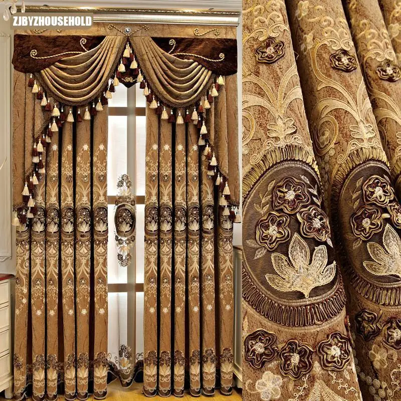 

French Curtains for Living Dining Room Bedroom Sense Luxury European Style New Coffee Colored Thickened Chenille Villa Finished