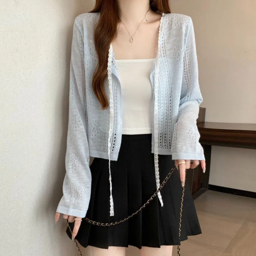 

New Hollow Out Knitted Cardigan Thin V-Neck Sun-Proof Tops Long Sleeve Casual Short Sleeve Shawl Summer