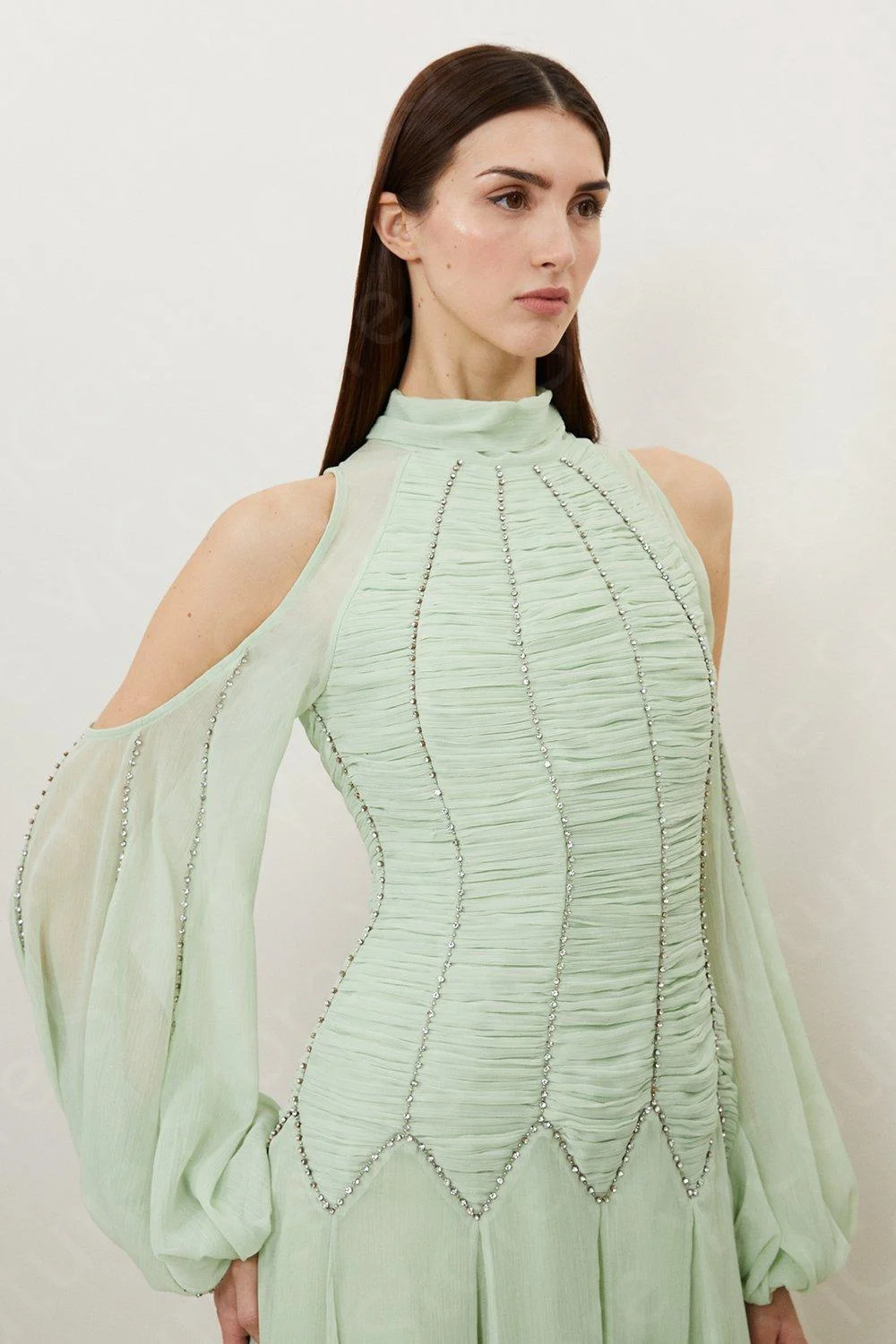 Customized Charming Mint Evening Dresses 2025 Arabic Prom Gowns Off Shoulder Sleeves Wedding Party Dresses High Collar Beading image 4