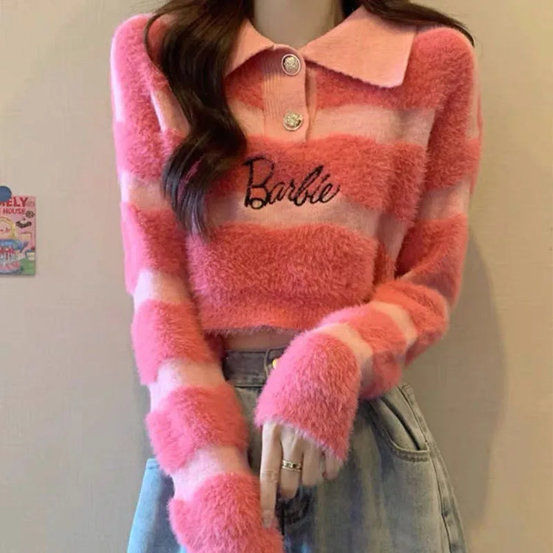 Anime Barbie Polo Collar Striped Sweater Women\'s Fall Winter Lazy Loose Bottoming Kawaii Sweater Short Letter Embroidered Tops