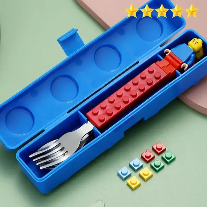 304 Stainless Kids Funny Fork Spoon Set Children Building Block Toys Cartoon Steel Tableware Portable Storage Jigsaw