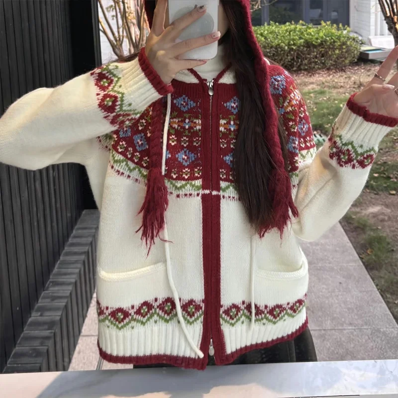 Maglione cardigan lavorato a maglia da donna jacquard The Fair Island di alta qualità con comode coulisse con cappuccio 251206129