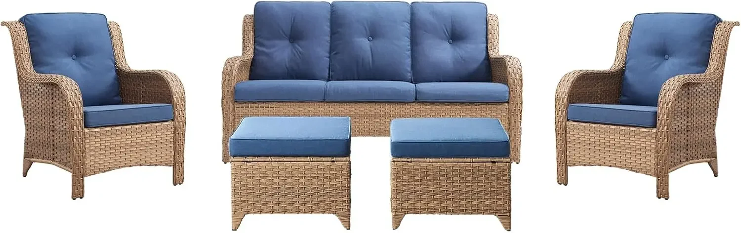 

5 Piece Rattan Patio Conversation Sectional Sofa Set with 1 Couch,2 Armchairs,2 Ottomans for Porch Deck Garden