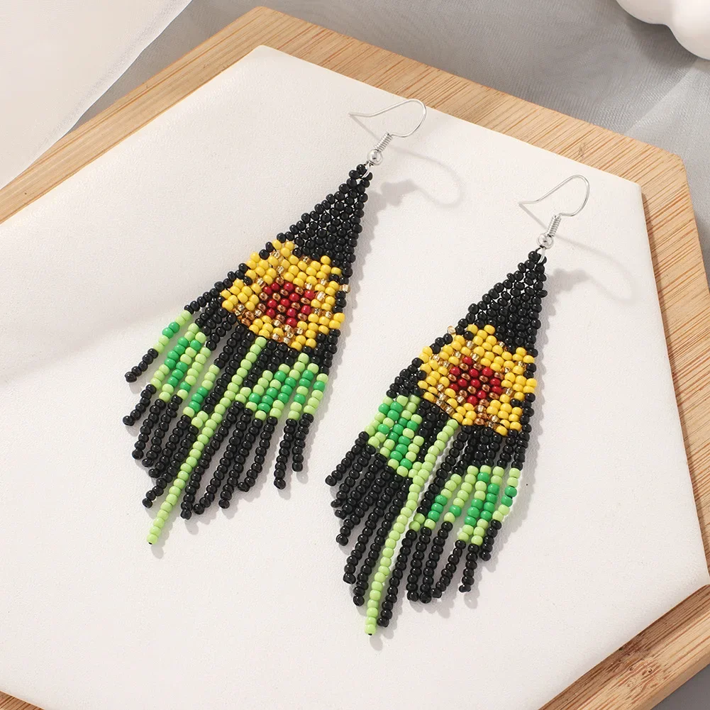 Rice Bead Earrings Sunflower  Hand weaving  Beaded  flower  Retro  Bohemia  geometry  alloy  ma'am  Tassel Earrings