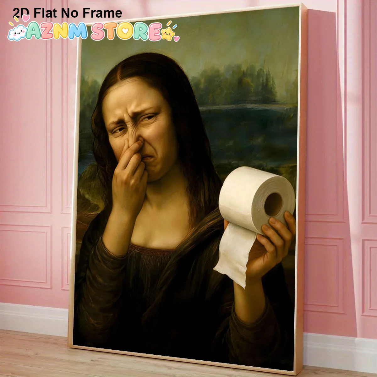 2D Flat, 2D Flat, 1pc Frameless Canvas Poster, Mona Lisa Holding Toilet Paper with a Stink Face, Pinching Nose Funny Art Prin