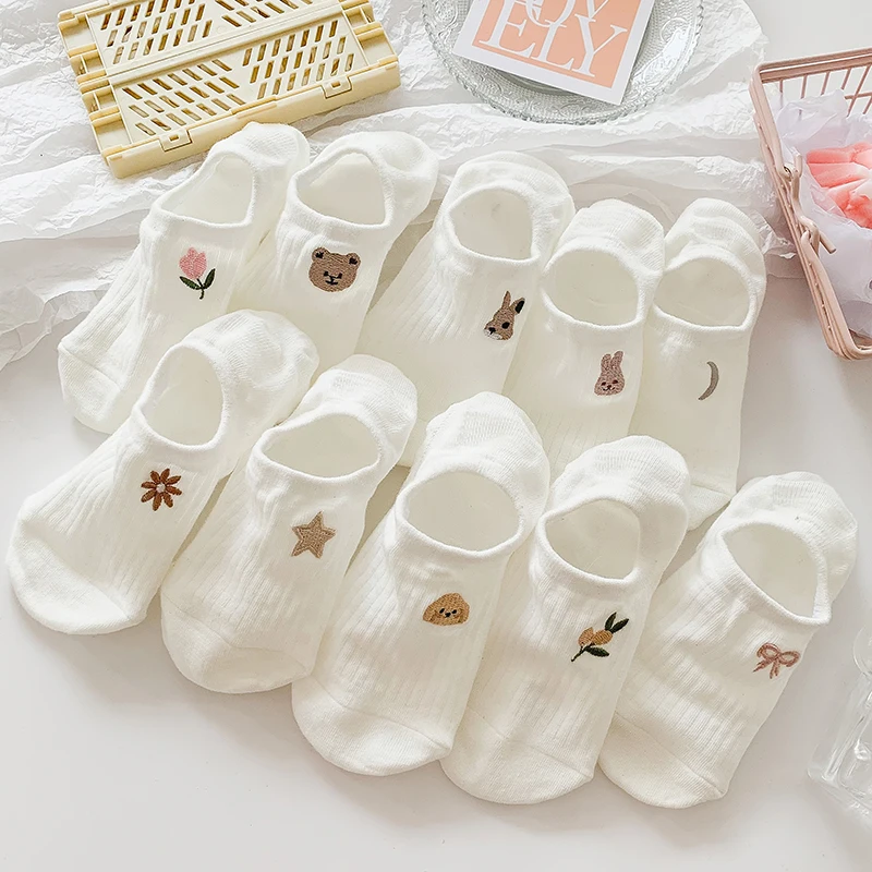 5 Pairs Spring Summer Women Socks Cartoon Socks Animals Moon Star Flower Breathable Casual Female School Girls Invisible Socks