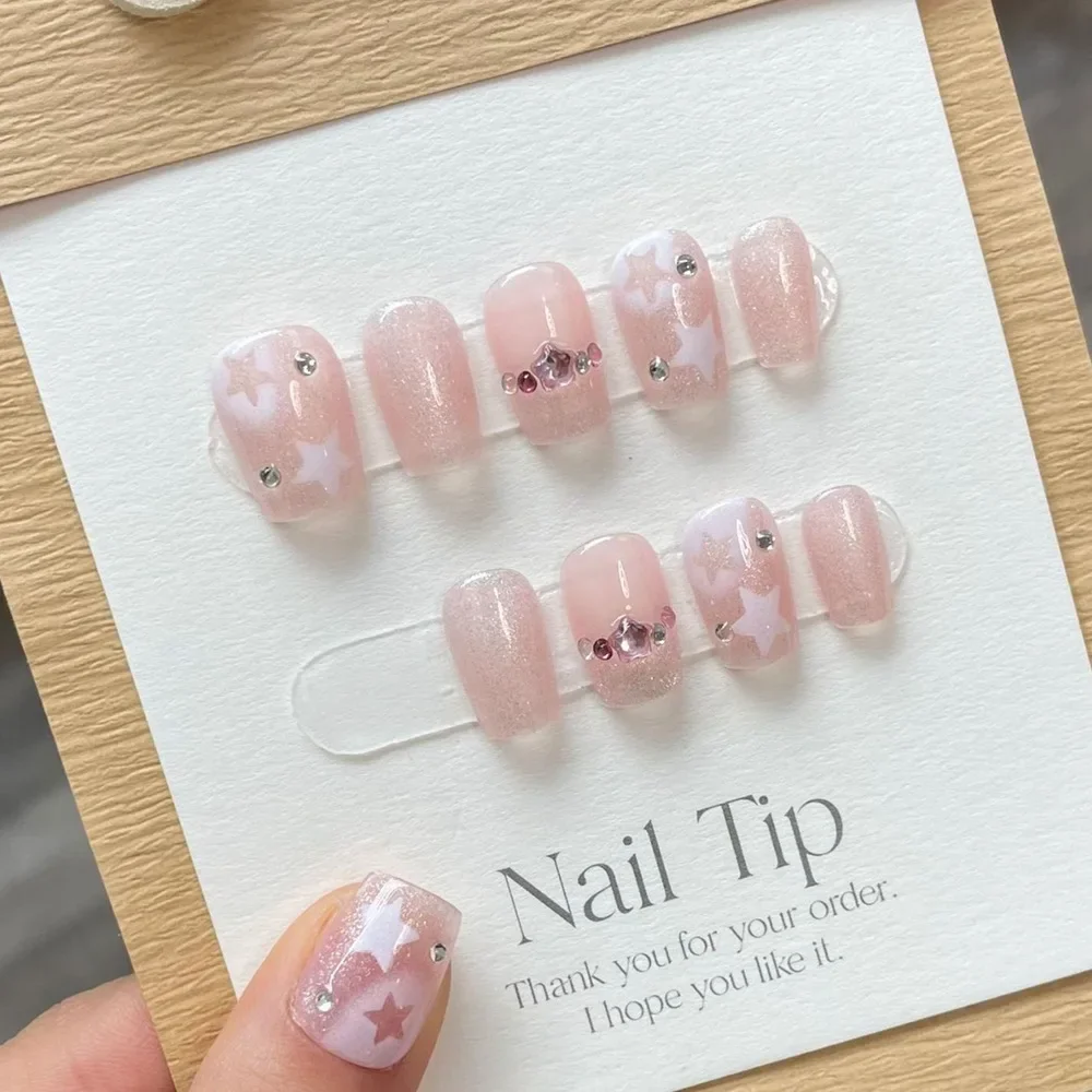 

Handmade Pink Press on Nails Korean Fairy Star Medium-length Reusable Adhesive False Nails Cat Eye Acrylic Full Cover Nail Tips