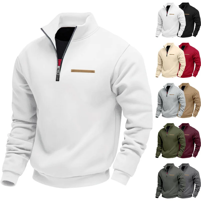 Amerikanischer Herbst- und Winter-Herrenpullover aus schwerem Fleece mit langen Ärmeln, halbem Reißverschluss, lockerem Schnitt und Stehkragen – Detail 1