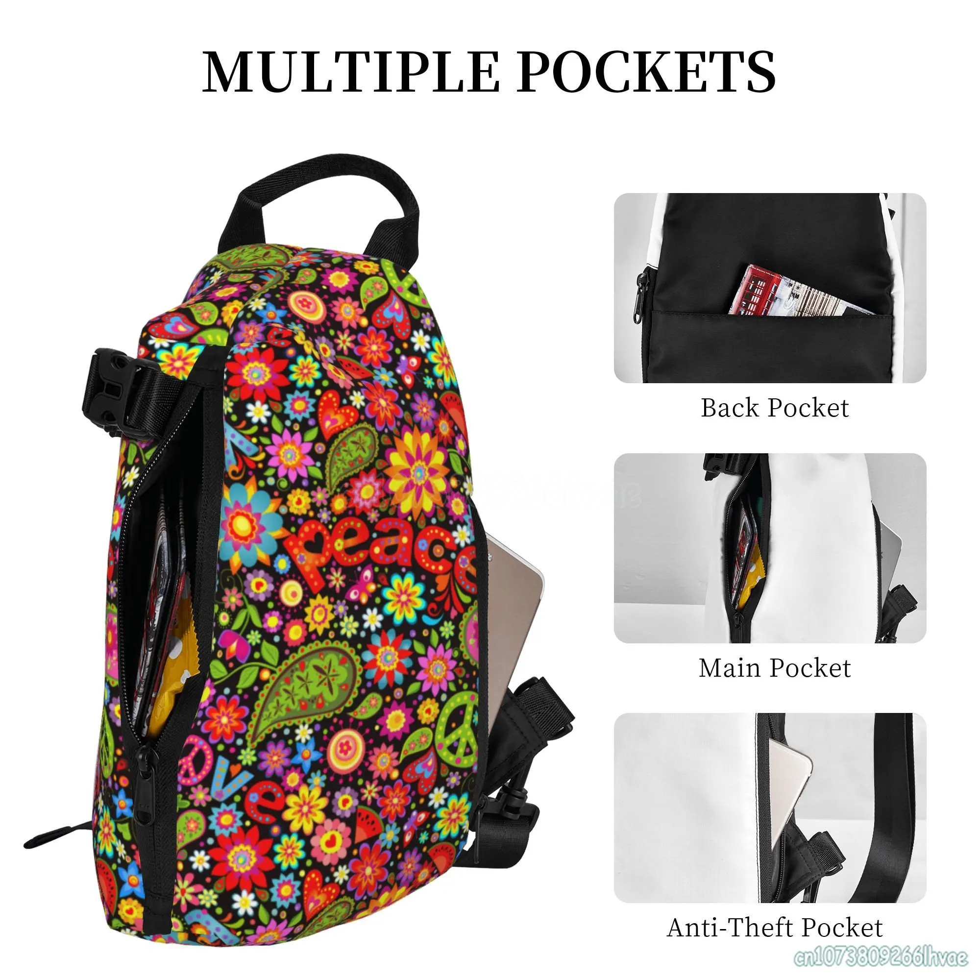 Mochila Hippie Floral Colorida Sling, Unisex Crossbody Chest Bag, Multiuso, Daypack de um ombro para exterior, caminhadas, viagem