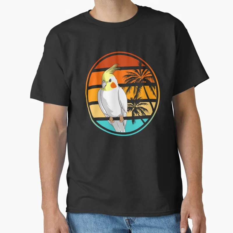 

vintage Cockatiel Palm Trees Holiday Gift tee Funny pet parrot T-shirt for bird lover large size tee Adult Tops S-6XL