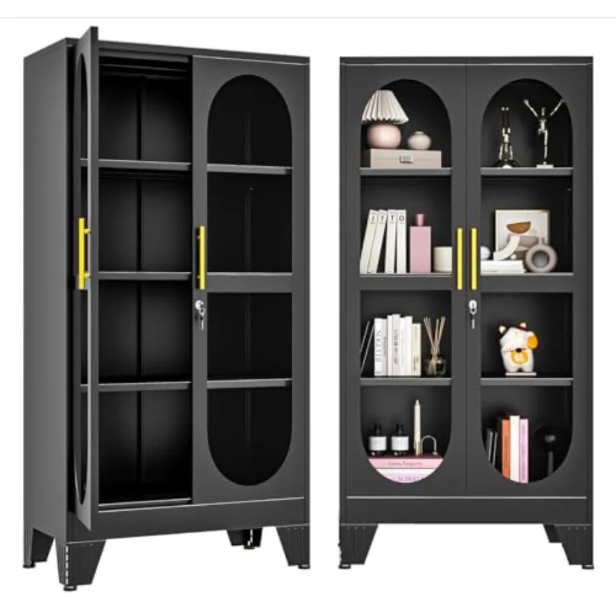 Metal display cabinet for living room use, black finish, 61H with glass door and lock, 3 adjustable shelves, 4-tier multi-purpo