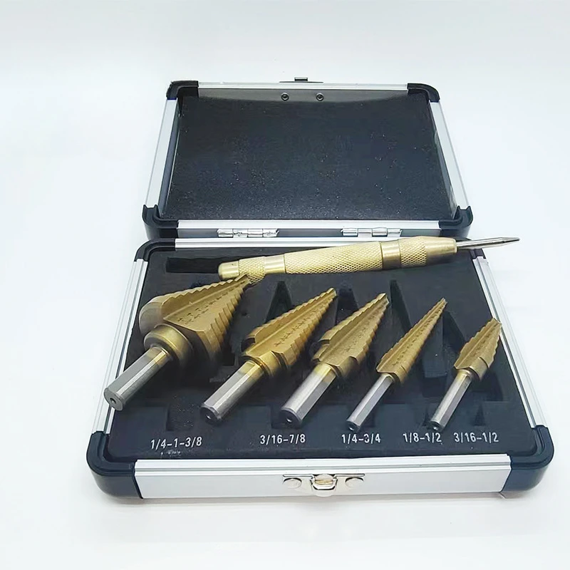 Aluminium Doos Set Van Titanium Geplateerde Stap Boor Pagode Bit 6 Stuks High-Speed Staal Multifunctionele Gat Ruimer