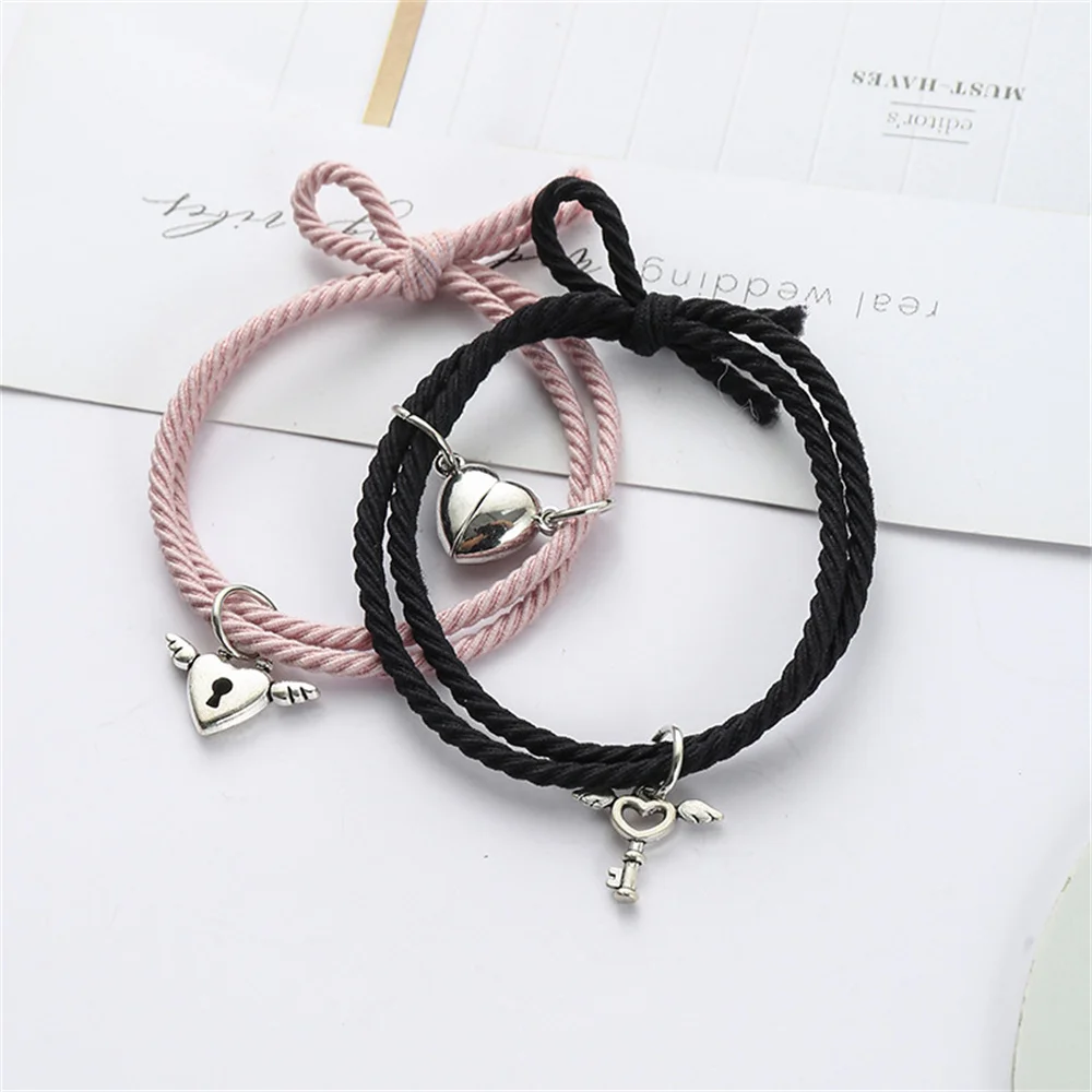 2PCS/Set Magnet Couple Bracelets Lovers Heart Magnetic Bracelet with Key Lock Charms Women Men Braided Rope Wrist Chain Jewelry