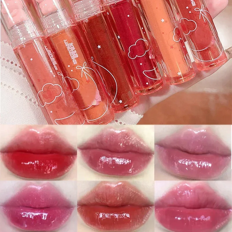 Bonito urso rosa água luz brilho labial duradouro cristal brilhante lábio esmalte espelho nu batom líquido feminino lábios maquiagem cosméticos