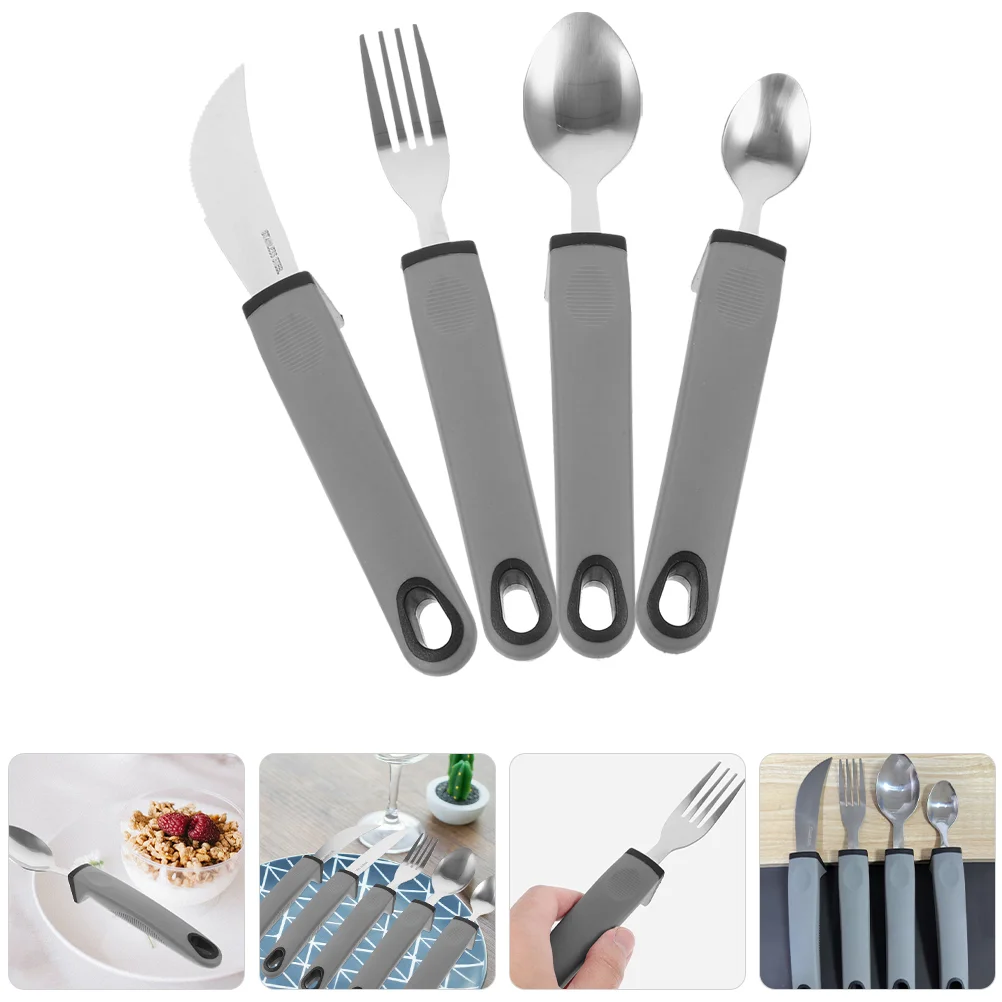 4 Piece Stainless Steel Anti Shake Adaptive Cutlery Set for Elderly Portable Fork Spoon Knife Travel Dining Utensils