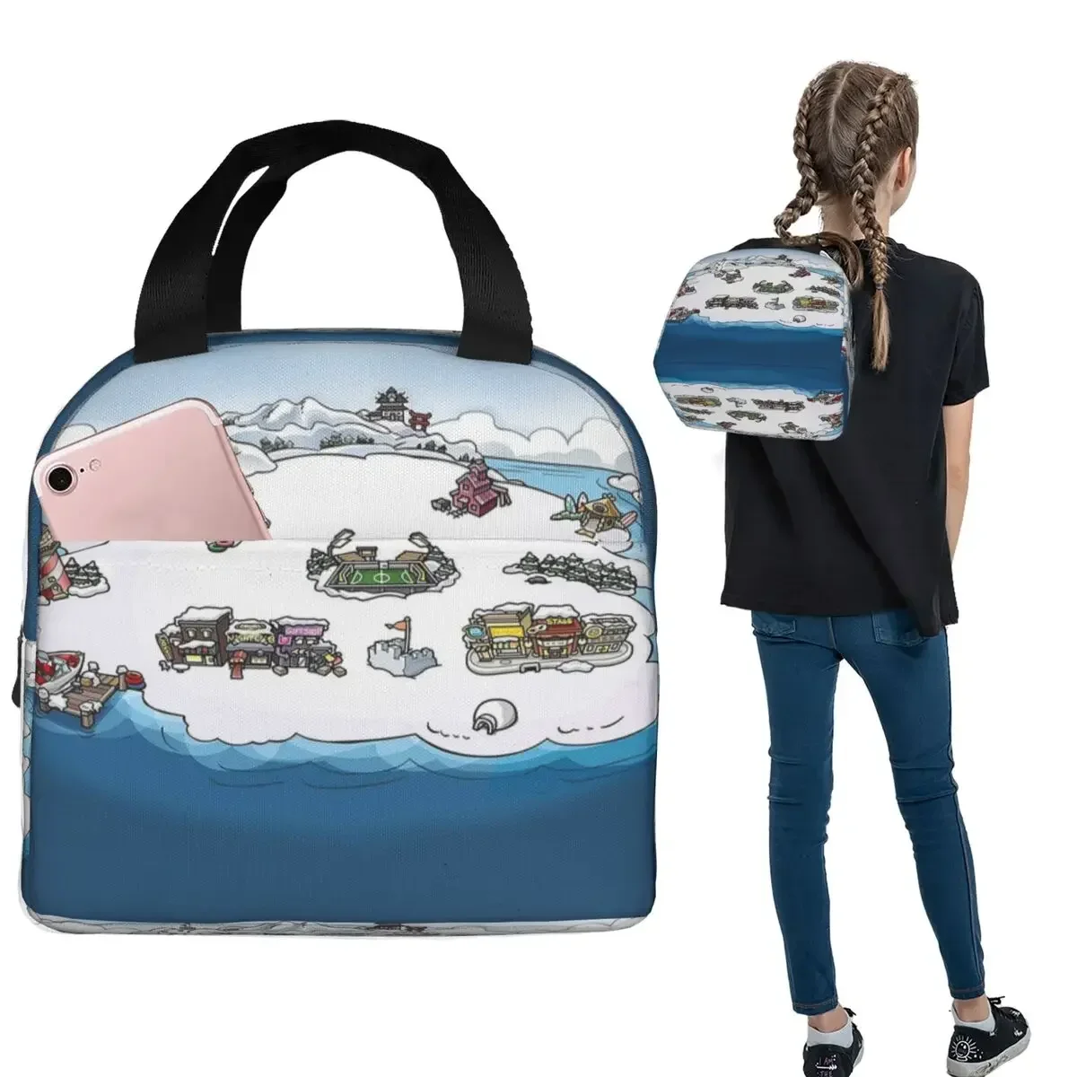 Club Penguin M Insulated Lunch Bag for Women Kids Portable Food Boxes Thermal Lunch Box Tote