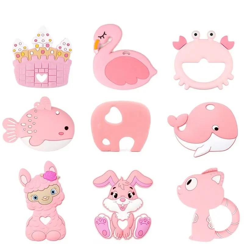 TYRY.HU 1pc Silicone Teether Baby Teething Toys Cartoon Pink Flamingo Rabbit BPA Free Baby Teether DIY Pendant