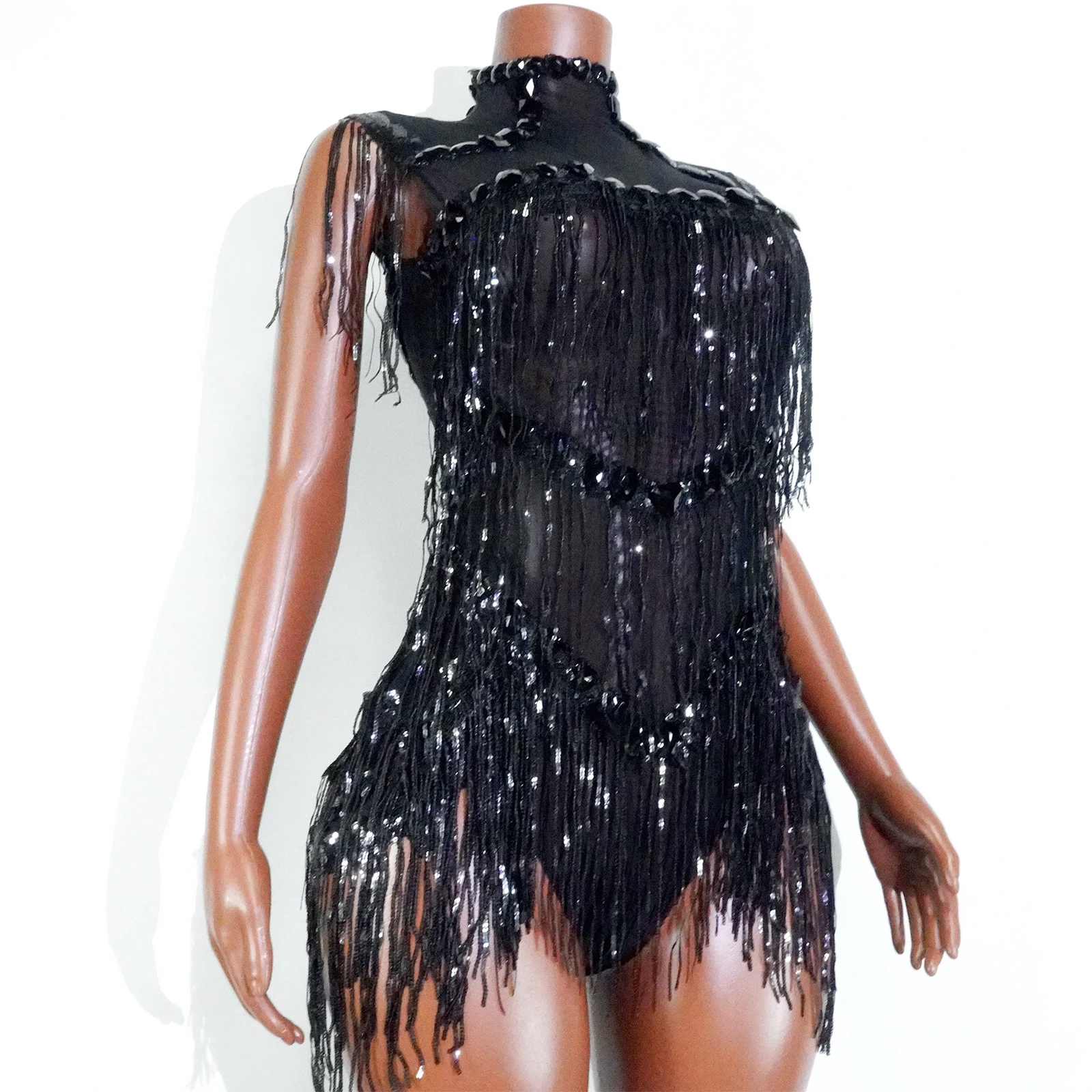 セクシーなメッシュシアーブラックラインストーンラインストーンボディスーツ歌手ダンサーショーステージ衣装祝うパーティーナイトクラブパフォーマンスウェア