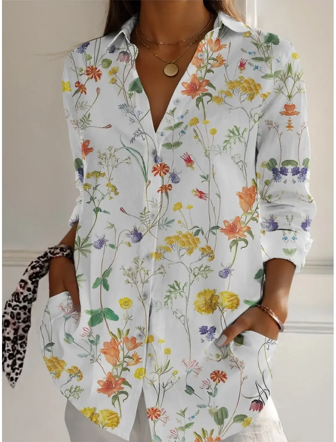 

Women's Shirt Flower Print Stylish Blouse Lapel Neck Blouse Fashion Spring Long Sleeve Shirt Autumn Womens Clothing Female Tops