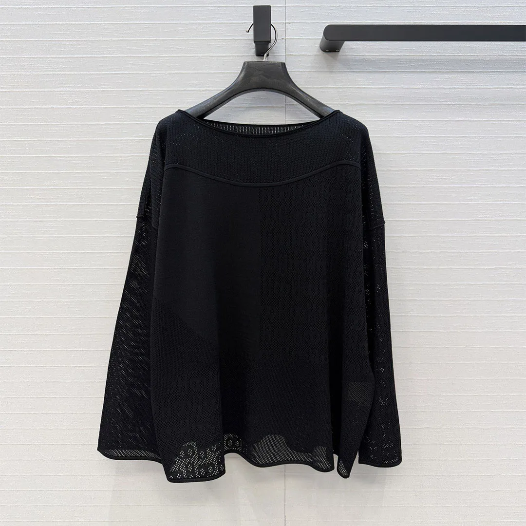 

New Spring Fashion Elegant Lady Loose Knitted Pullover Women Solid Color Jacquard Slash Neck Long Sleeve Hollow Out Sweater