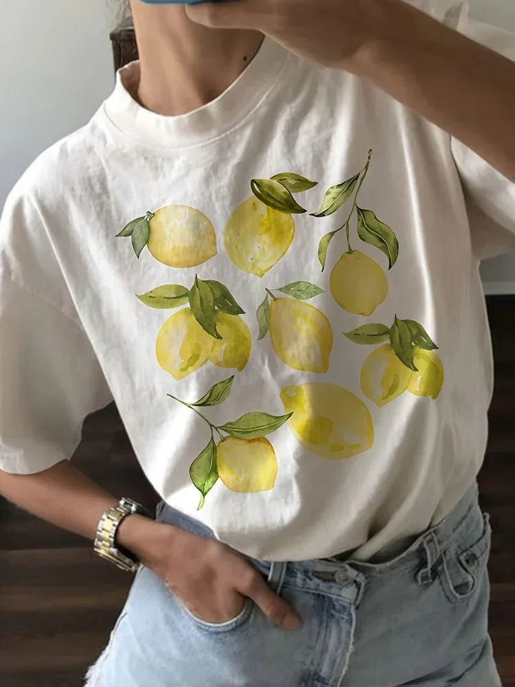 

Cute Lemon Fruit T Shirt Short Sleeve Loose Botanical Tshirt Vintage Cottagecore Clothes Women Retro Aesthetic T-Shirts