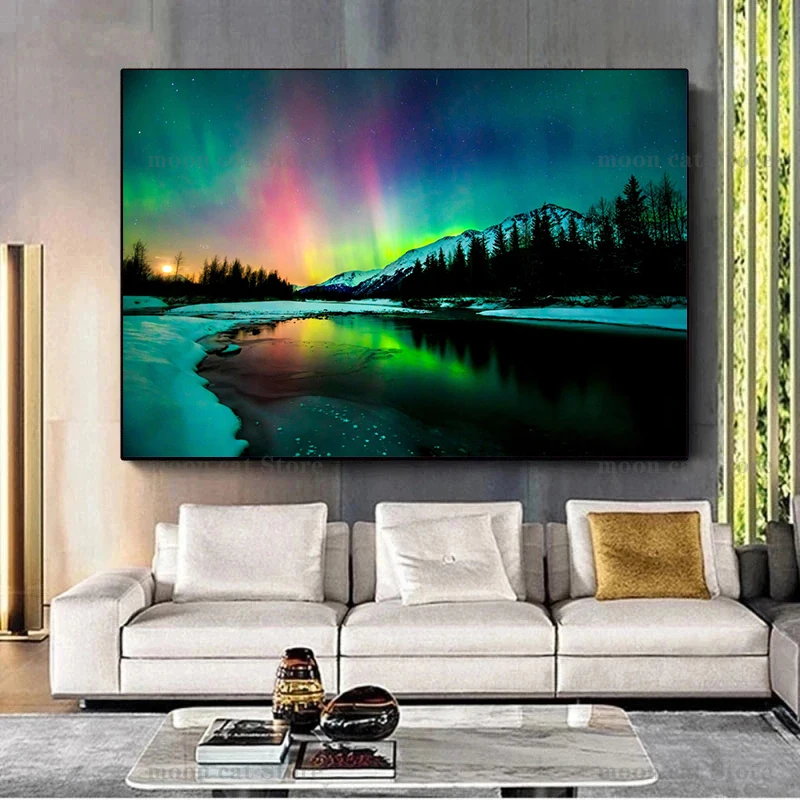 Iceland Aurora Borealis Photography Poster Canvas Painting Northern Polar Lights Nature Landscape Wall Art Pictures Home Decor