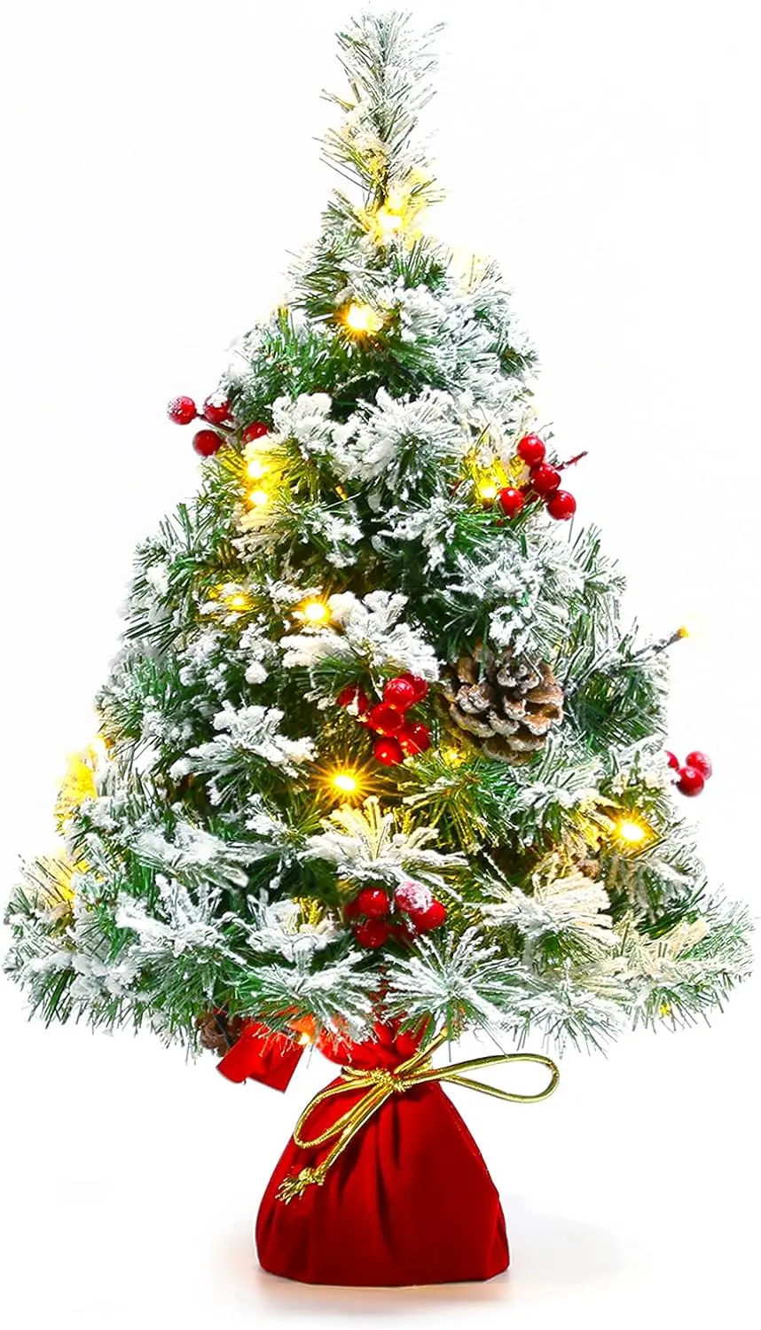 

Искусственная мини-рождественская елка 21,6 дюйма с 30 светодиодными лампами, основанием из красной ткани, сосновые шишки, белая