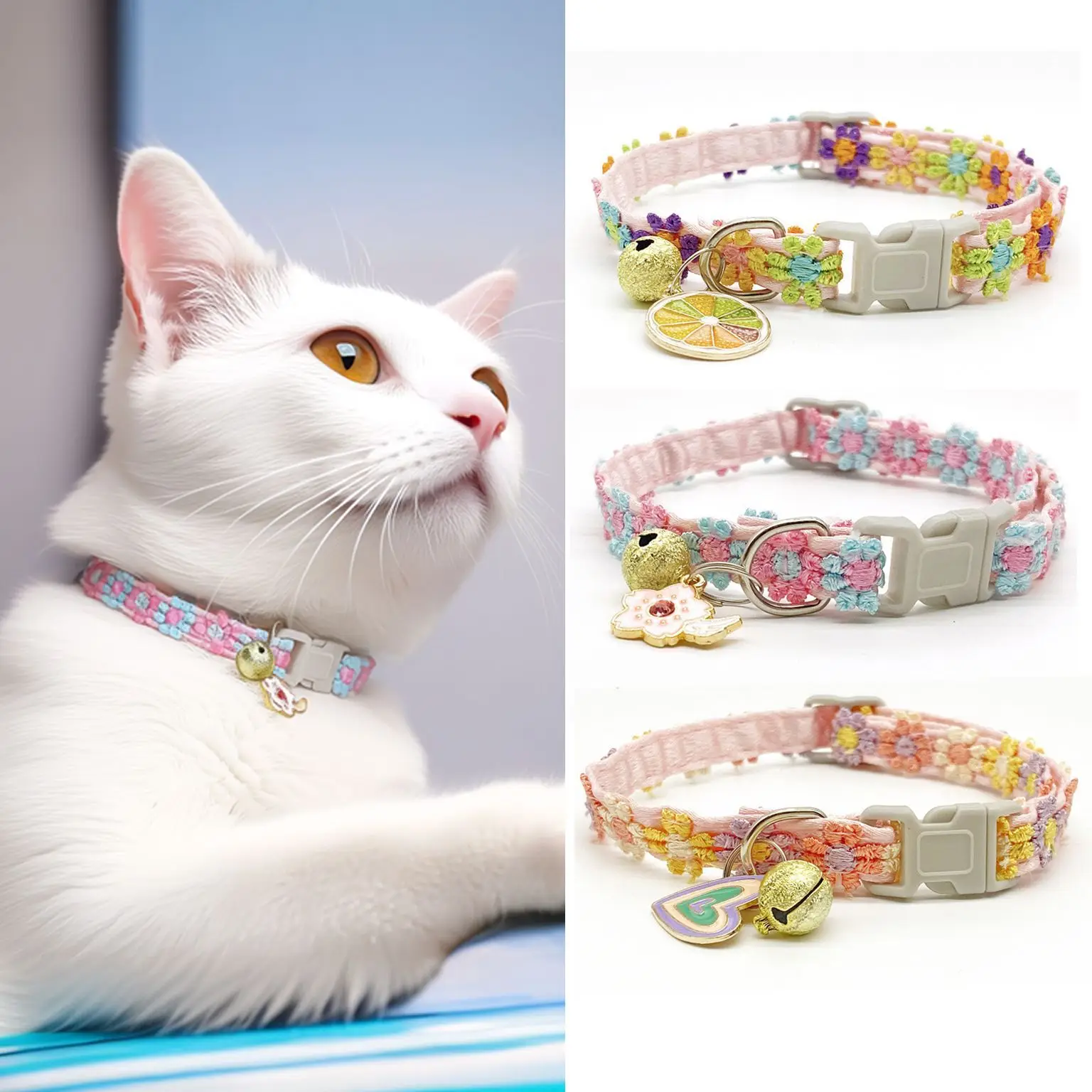 1Pcs Cute Colorful Lace Flower Cat Collar With Bell Soft Adjustable Pet Necklace For Kitten Small Puppy Daily Decor Accessories